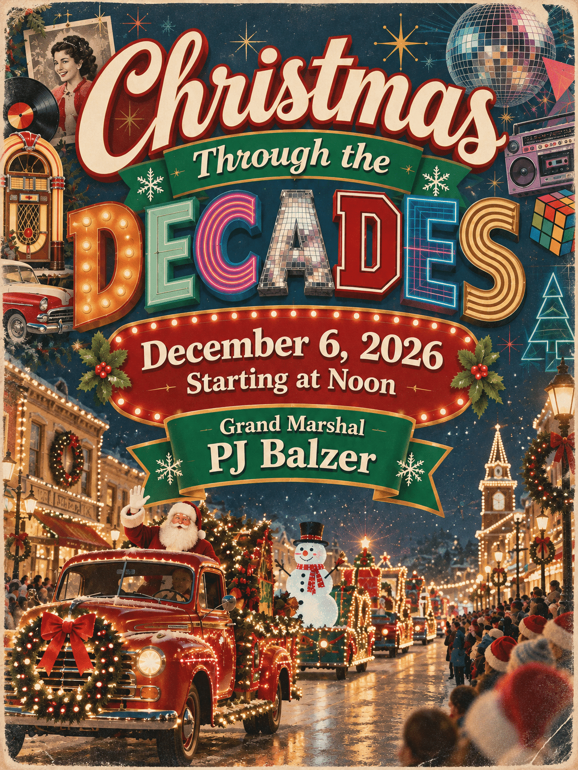 christmas through the decades A event flyer for a holiday party